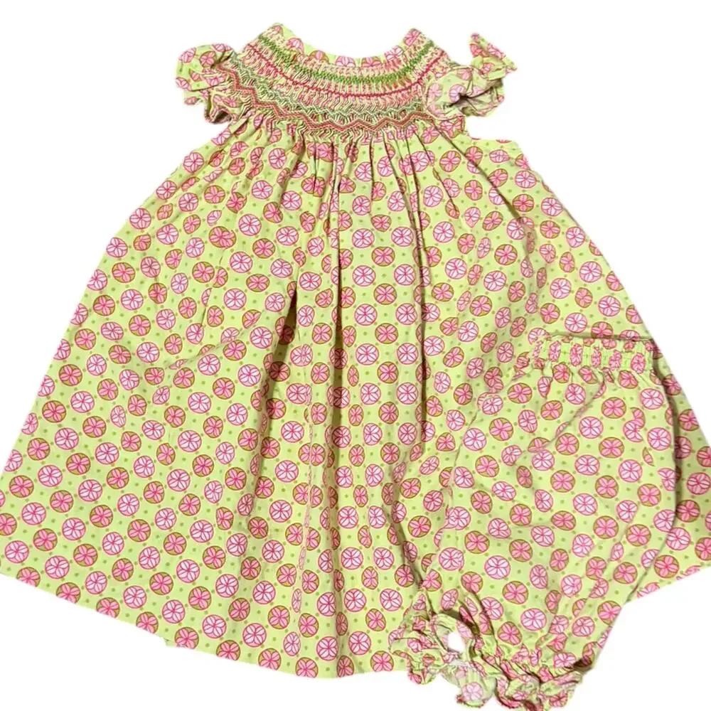 The Bailey Boys | Green Pink Smocked Dress with Bloomers 3 month